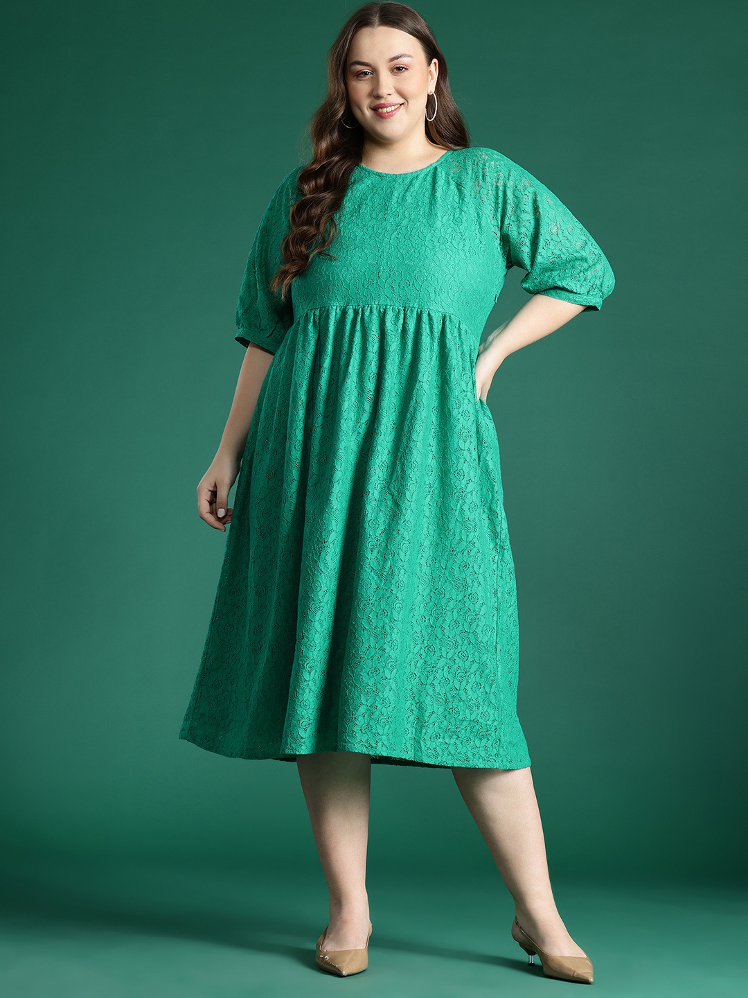 

DressBerry Curve Plus Size Lace Fit & Flare Dress, Green