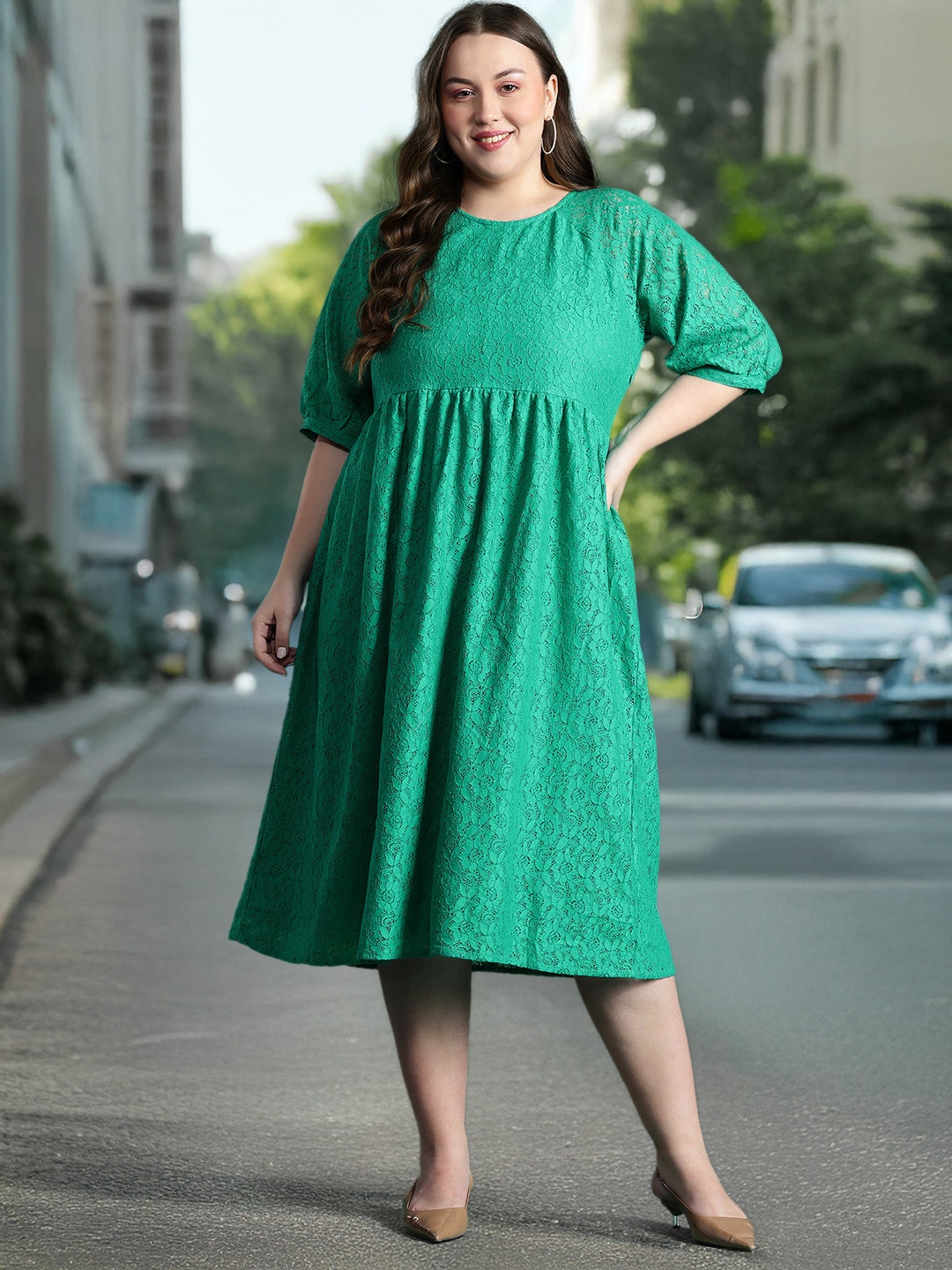 

DressBerry Curve Plus Size Lace Fit & Flare Dress, Green