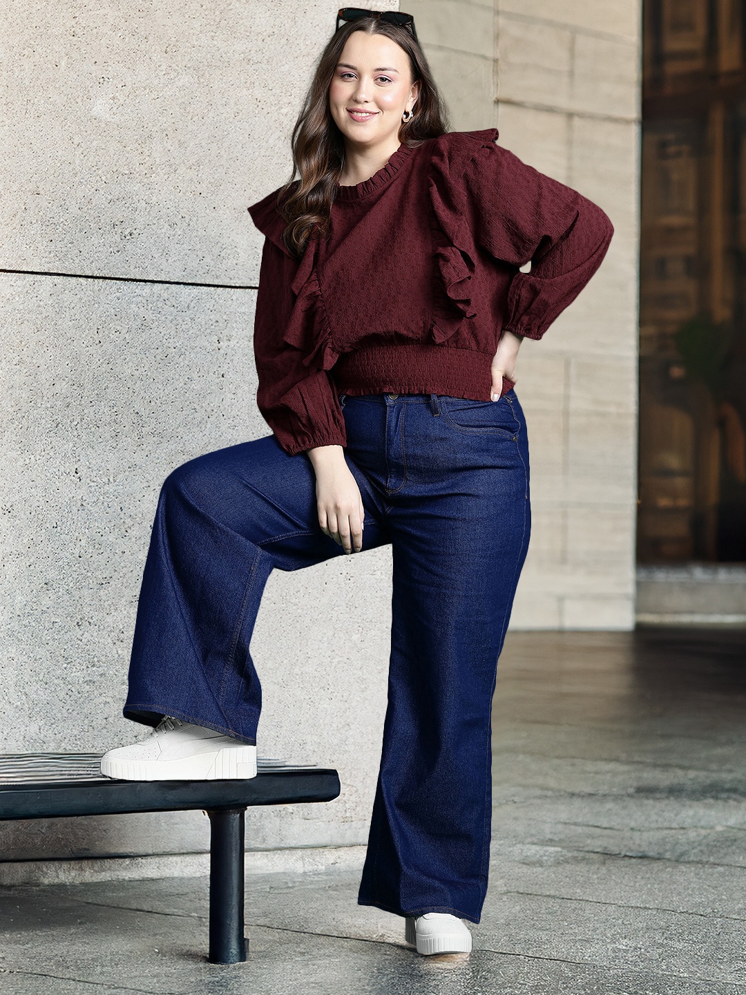 

DressBerry Curve Plus Size Floral Puff Sleeve Ruffles Smocked Blouson Top, Burgundy