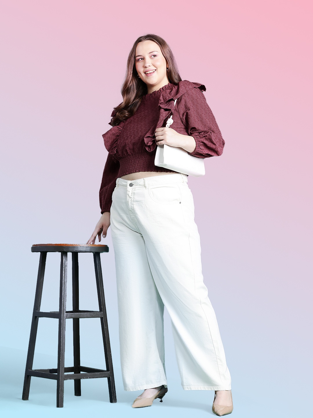

DressBerry Curve Puff Sleeve Ruffles Smocked Blouson Top, Burgundy