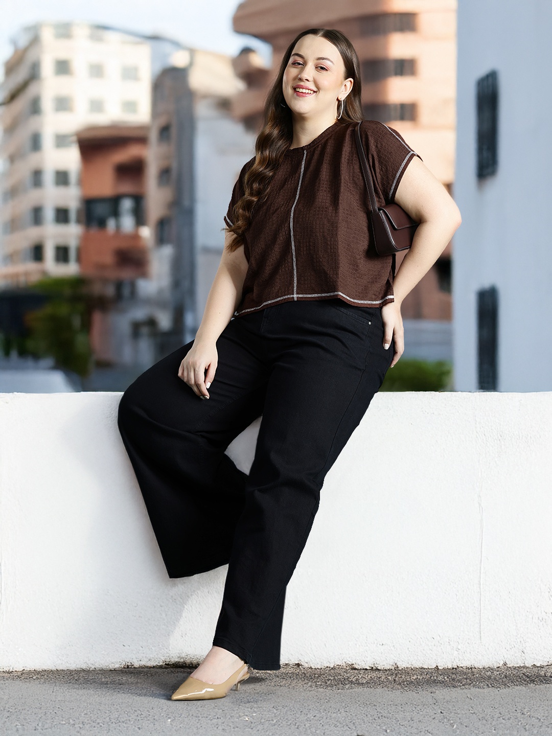 

DressBerry Curve Plus-Size Checked Textured Top, Brown