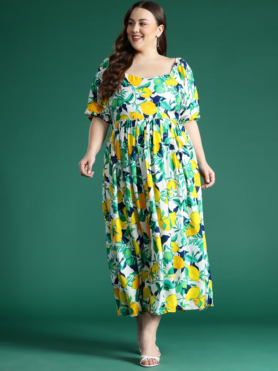 

DressBerry Curve Plus Size Print Puff Sleeve Fit & Flare Midi Dress, Green