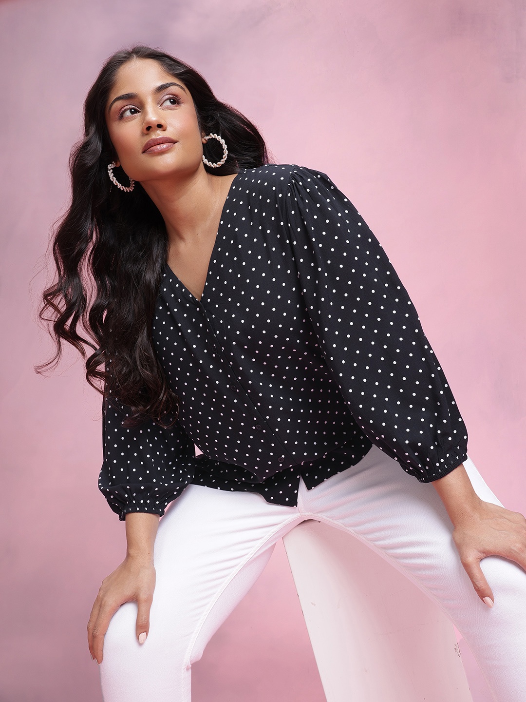 

DressBerry Curve Polka Dot Print Shirt Style Top, Black