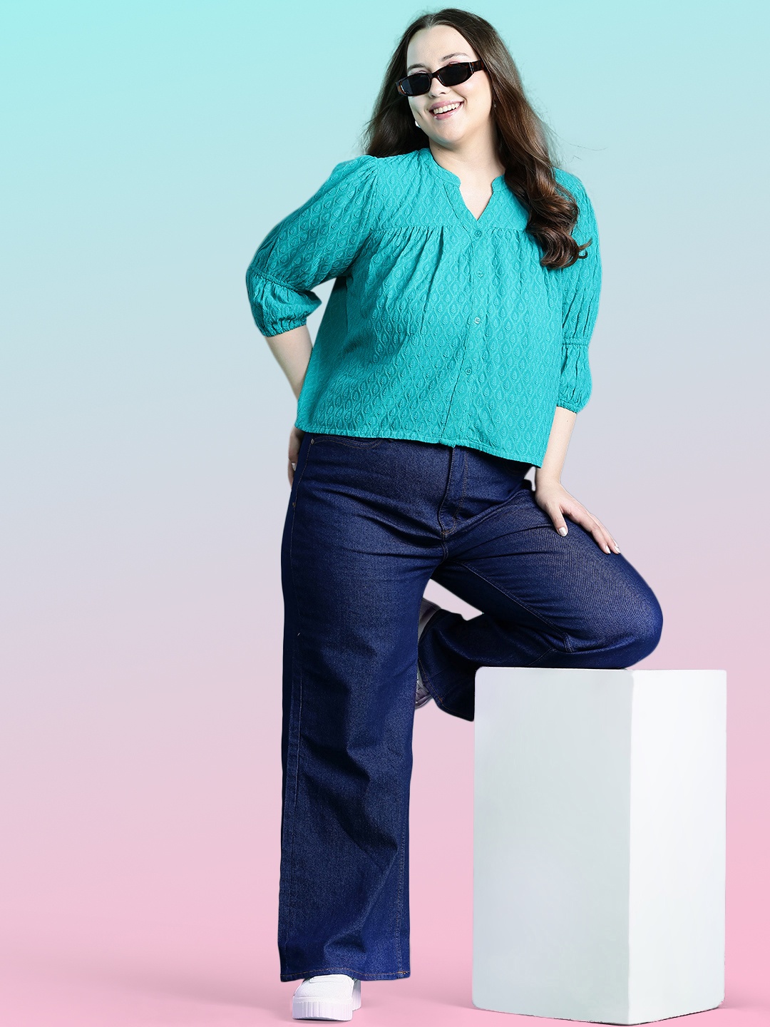 DressBerry Curve Plus Size Embroidered Puff Sleeve Shirt Style Top, Blue