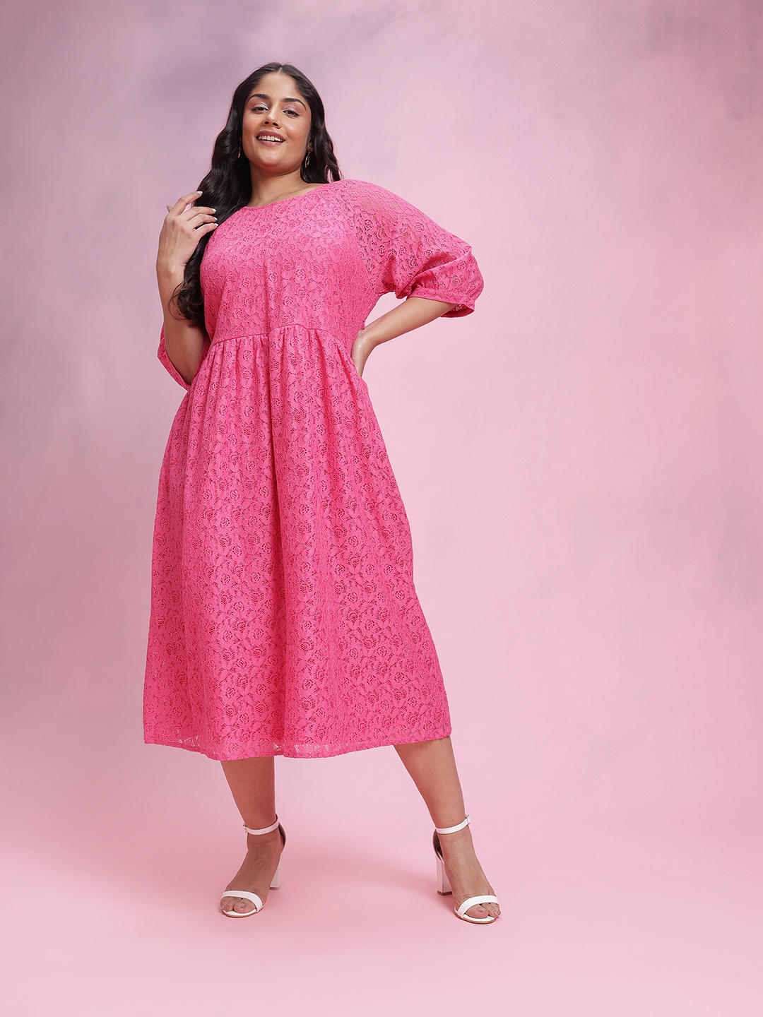 

DressBerry Curve Plus Size Floral Lace Fit & Flare Midi Dress, Pink