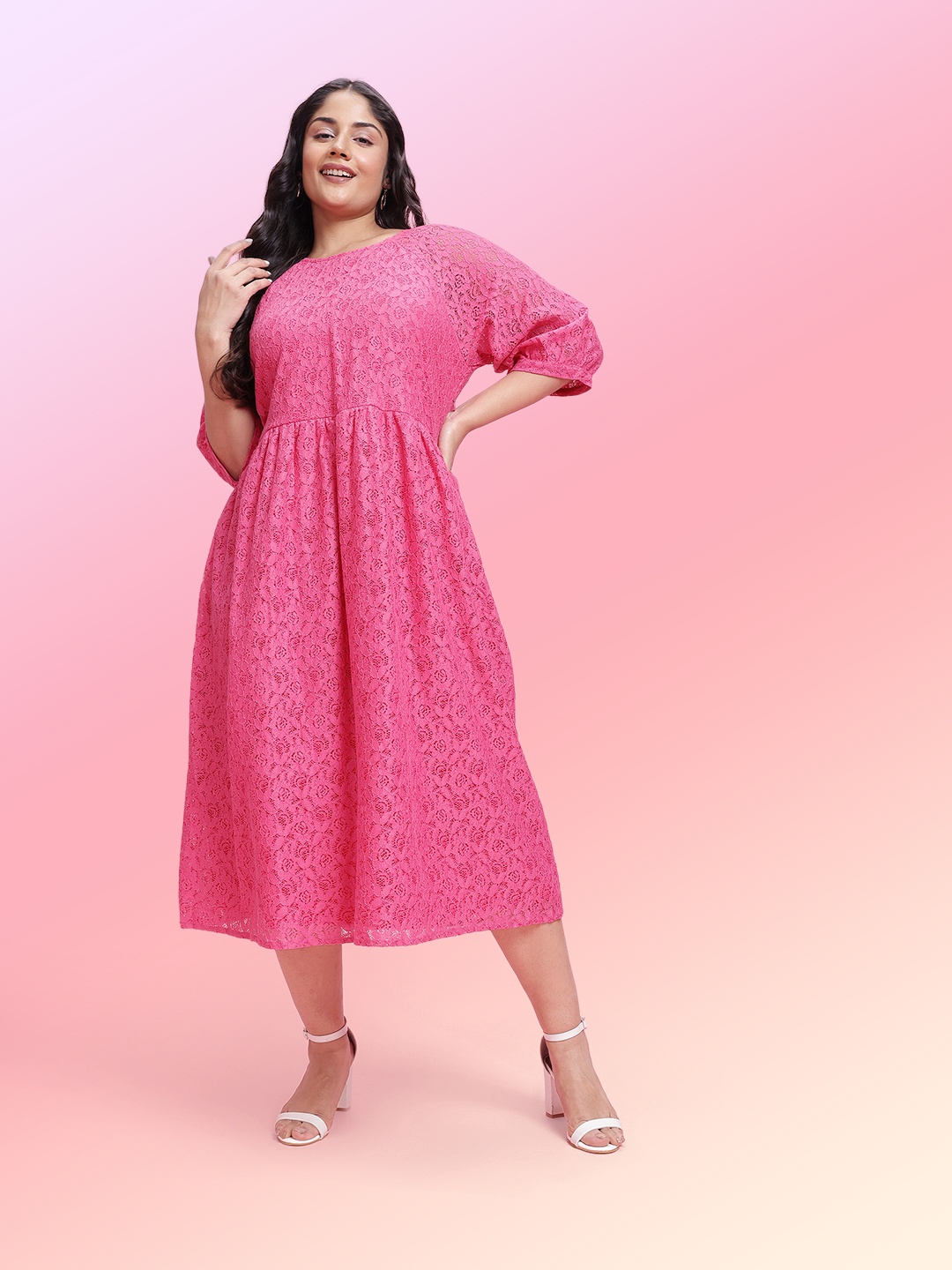 DressBerry Curve Plus Size Floral Lace Fit & Flare Midi Dress, Pink
