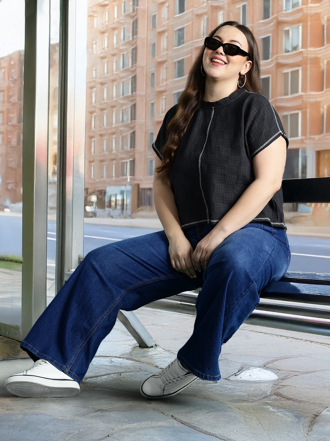 

DressBerry Curve Plus-Size Checked Textured Top, Charcoal