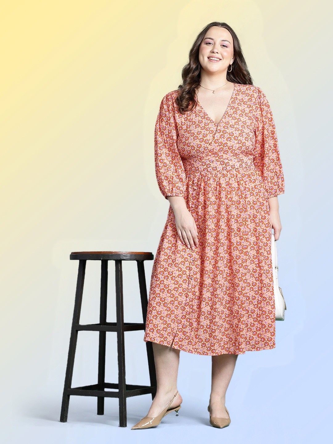 

DressBerry Curve Floral Printed Puff Sleeve Textured Wrap Midi Dress, Beige