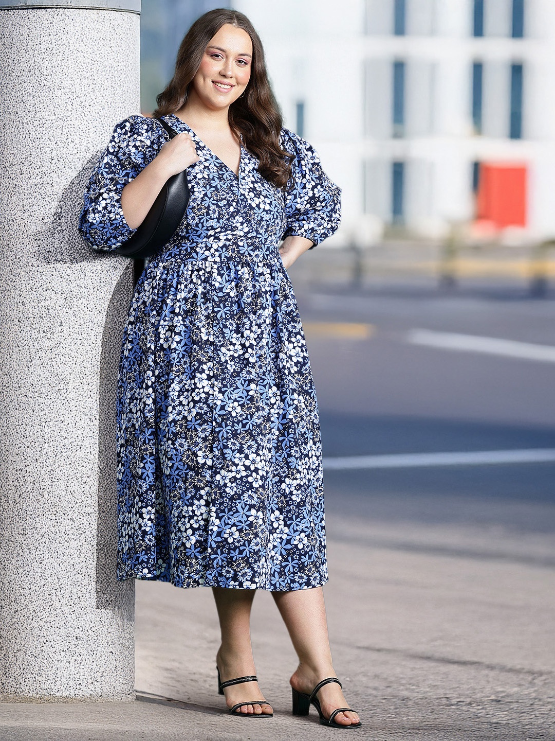 

DressBerry Curve Floral Printed Puff Sleeve Textured Wrap Midi Dress, Blue
