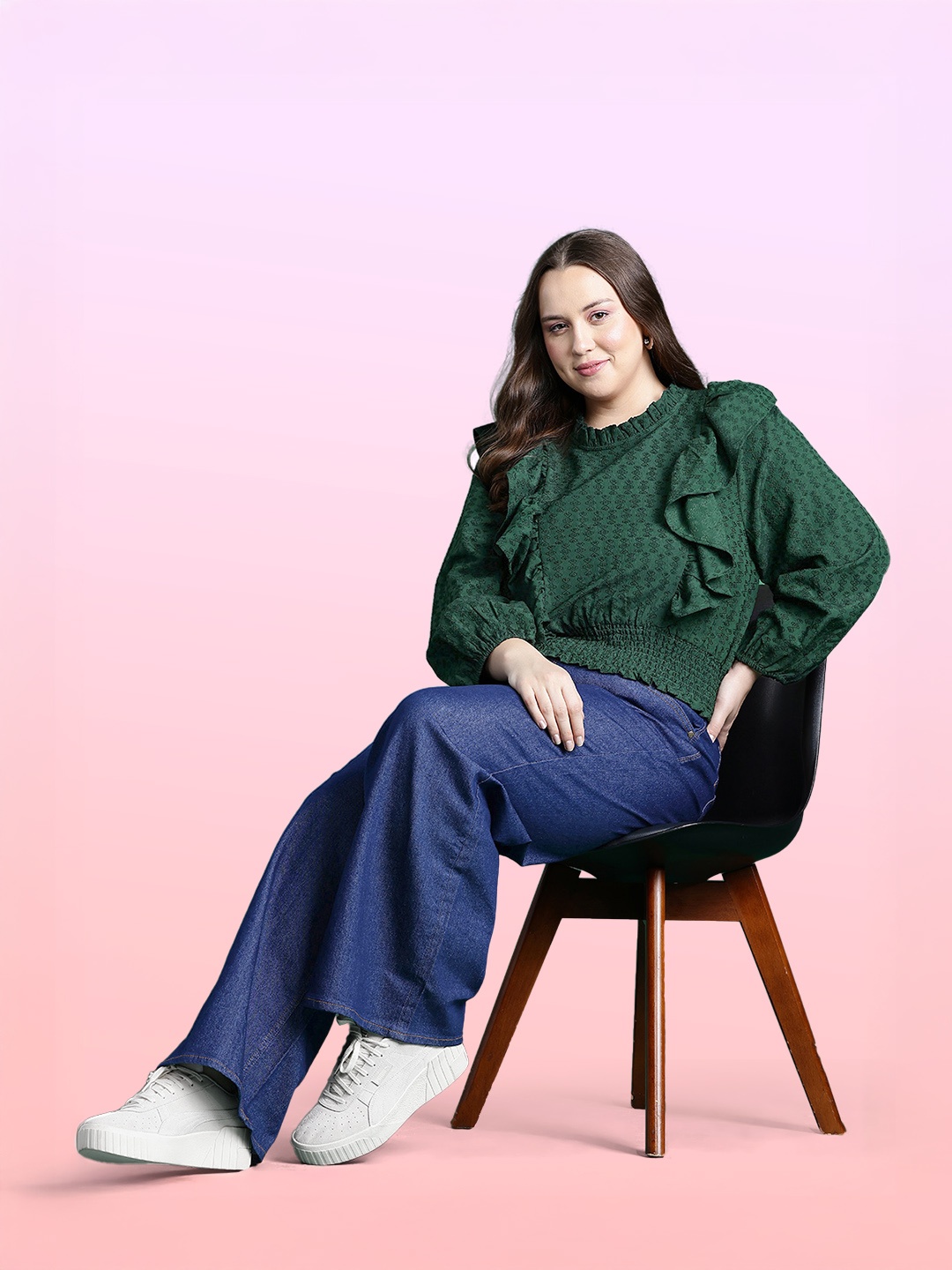 

DressBerry Curve Plus Size Puff Sleeve Ruffles Smocked Blouson Top, Green