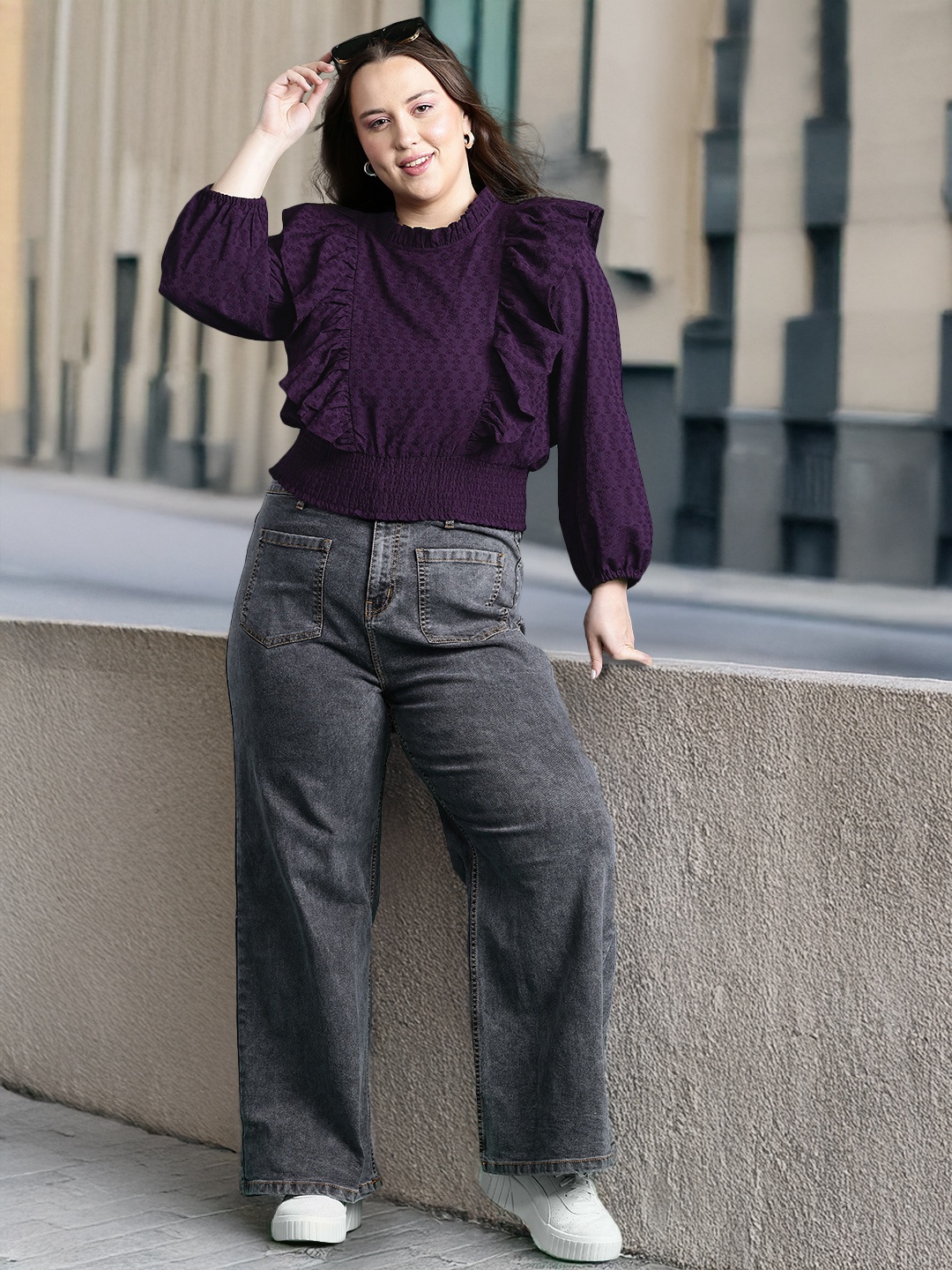 

DressBerry Curve Plus Size Puff Sleeves Ruffles Smocked Blouson Top, Black
