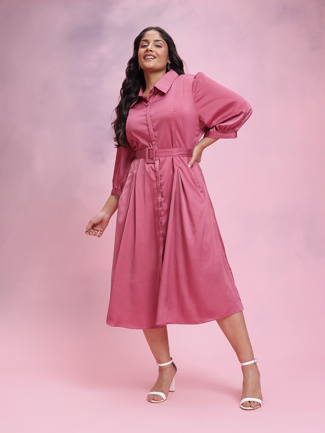 

DressBerry Curve Plus Size Sheen Finish Shirt Dress with Belt, Rose
