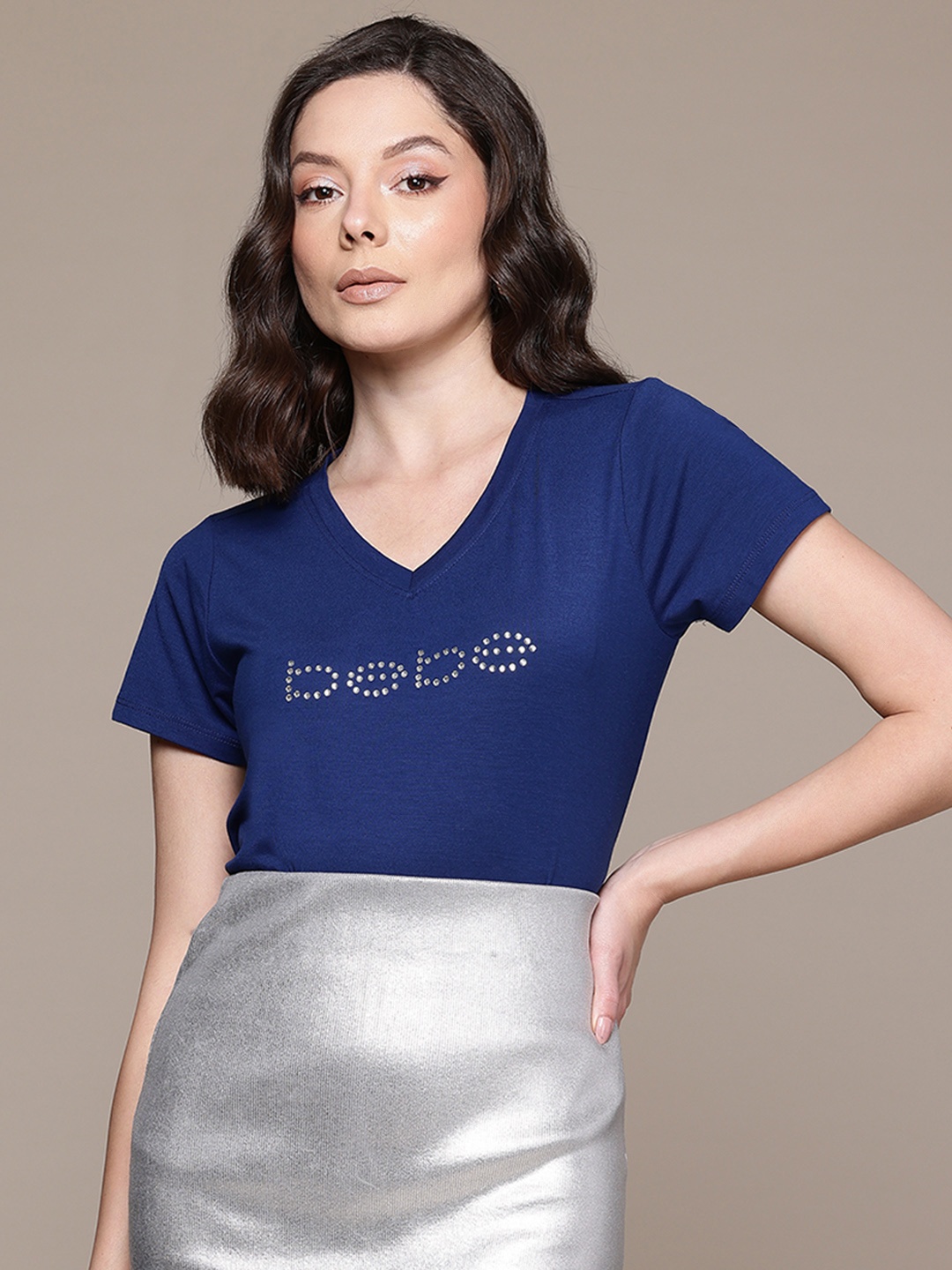 

bebe Future Glam Embellished V-Neck T-shirt, Blue