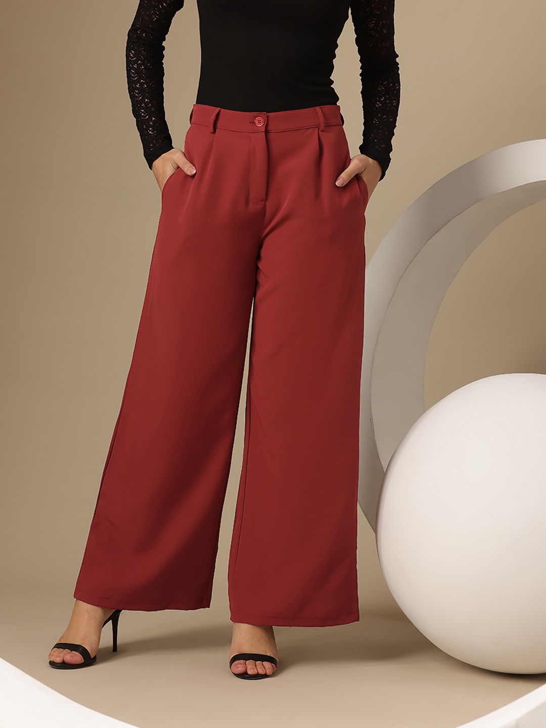 

Chemistry Women Pleated Wide Leg Trousers, Maroon