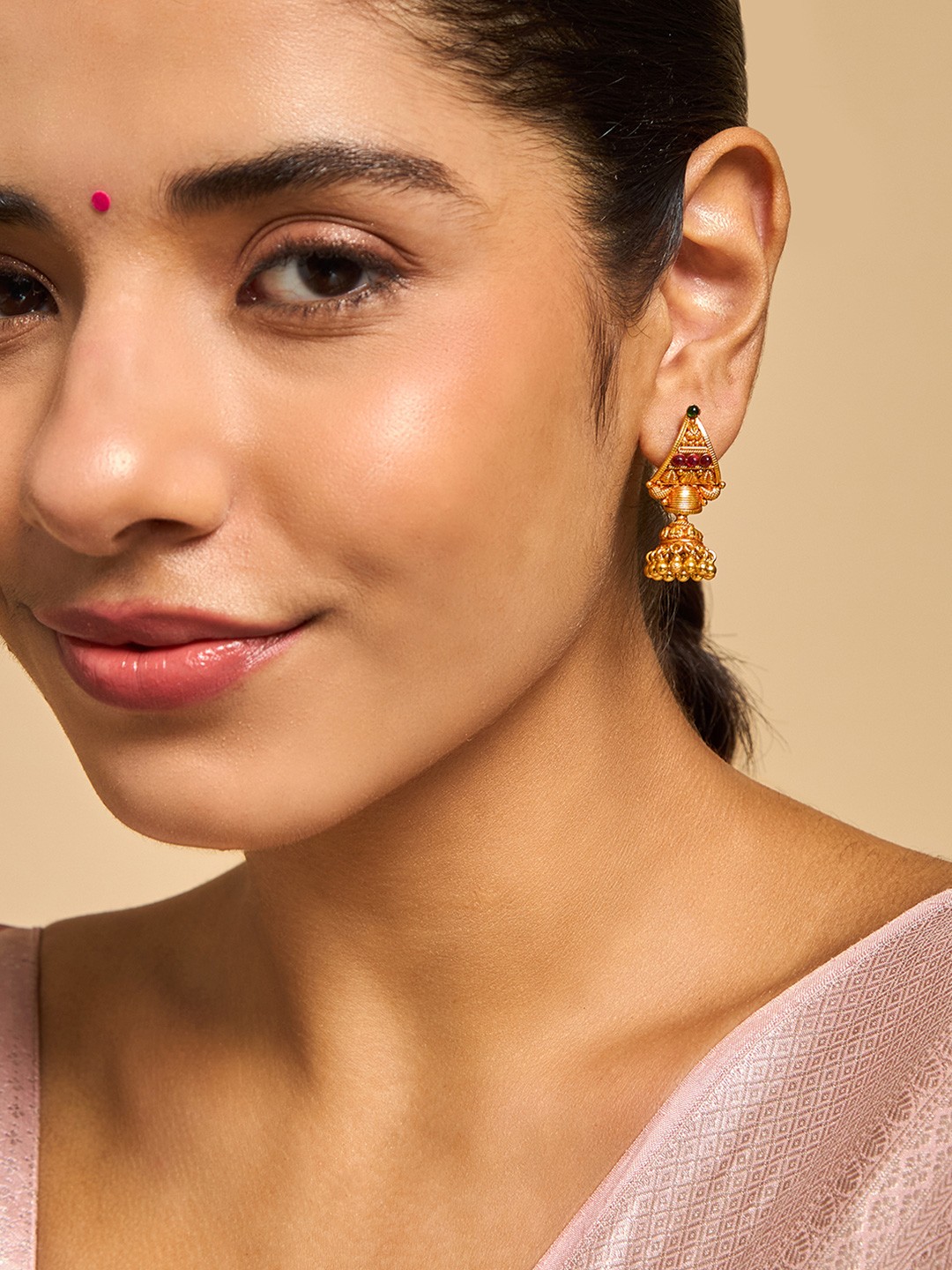 

Kushal's Fashion Jewellery 92.5 Pure Silver Gold-Plated Jhumkas Earrings, Red