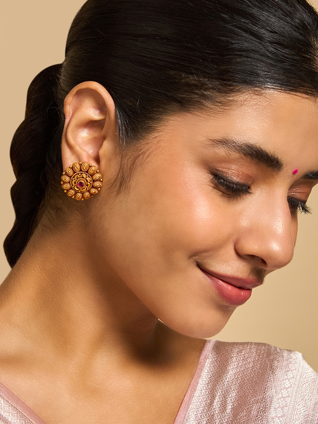 

Kushal's Fashion Jewellery 92.5 Pure Silver Gold-Plated Floral Shaped Studded Earrings, Red