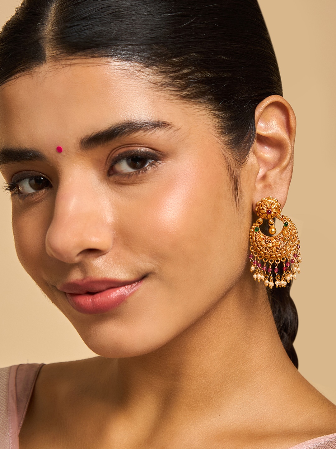 

Kushal's Fashion Jewellery 92.5 Pure Silver Ruby-Green Gold-Plated Chandbalis Earrings, Red