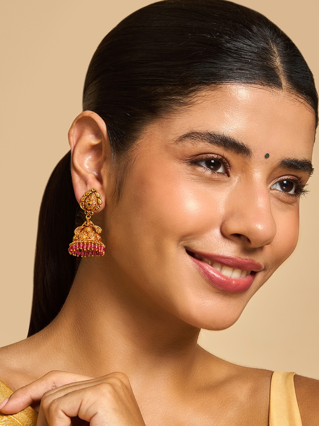 

Kushal's Fashion Jewellery 92.5 Pure Silver Gold-Plated Stone Studded Dome Shaped Jhumkas, Red