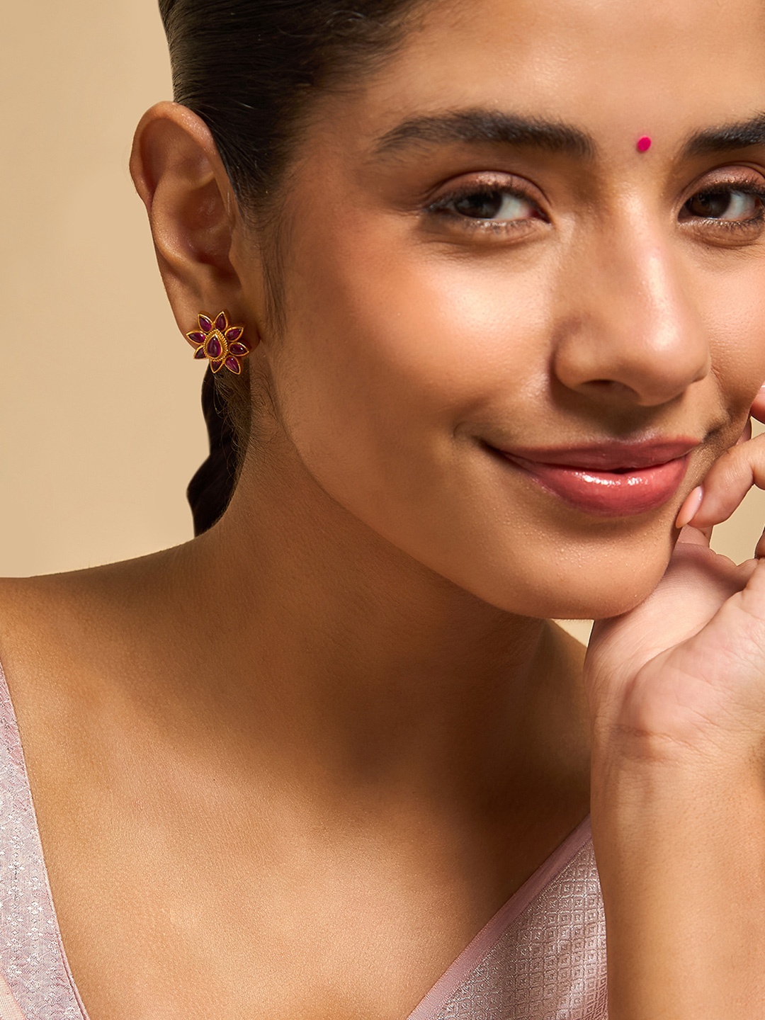 

Kushal's Fashion Jewellery 92.5 Pure Silver Ruby-Green Gold-Plated Studded Earrings