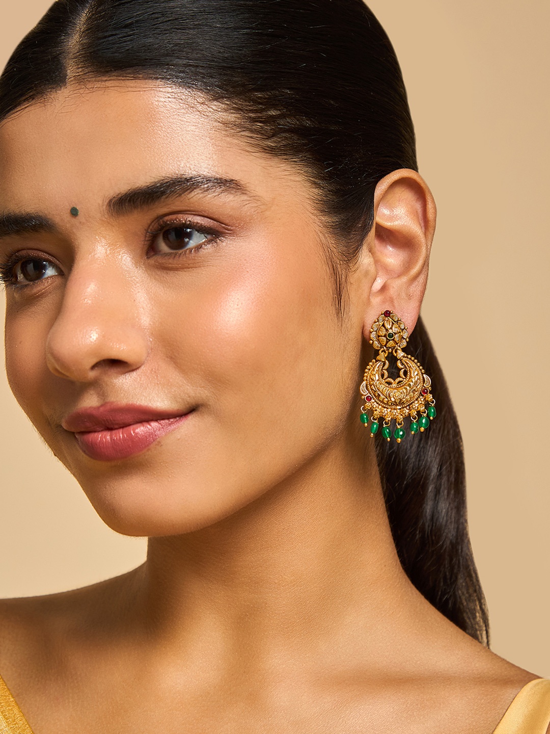 

Kushal's Fashion Jewellery 92.5 Pure Silver Gold-Plated Stones Studded Temple Chandbalis