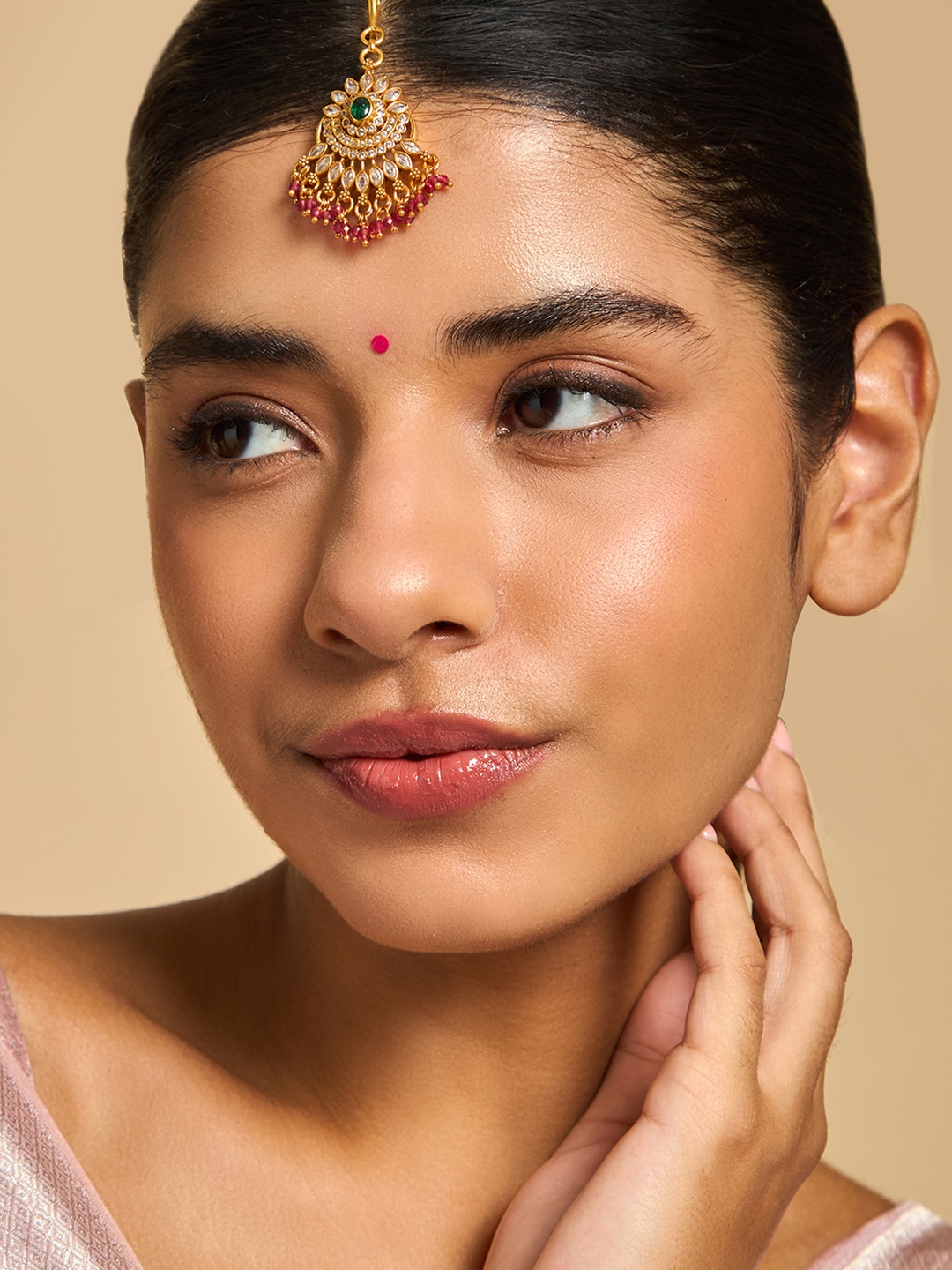 

Kushal's Fashion Jewellery 92.5 Pure Silver Gold-Plated Stones Studded Maang Tikka