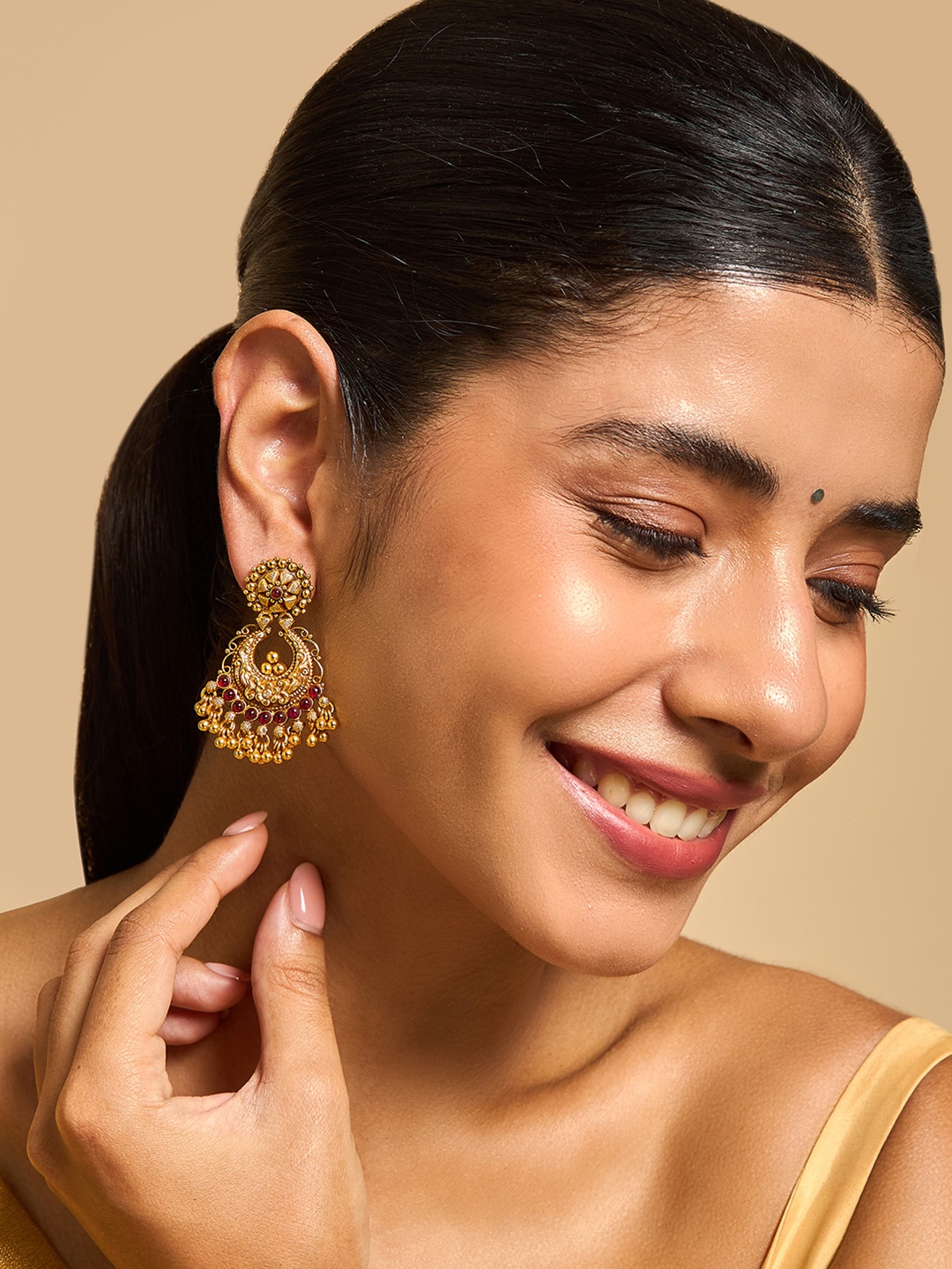 

Kushal's Fashion Jewellery Gold-Plated 92.5 Pure Silver Chandbali Earrings, Red
