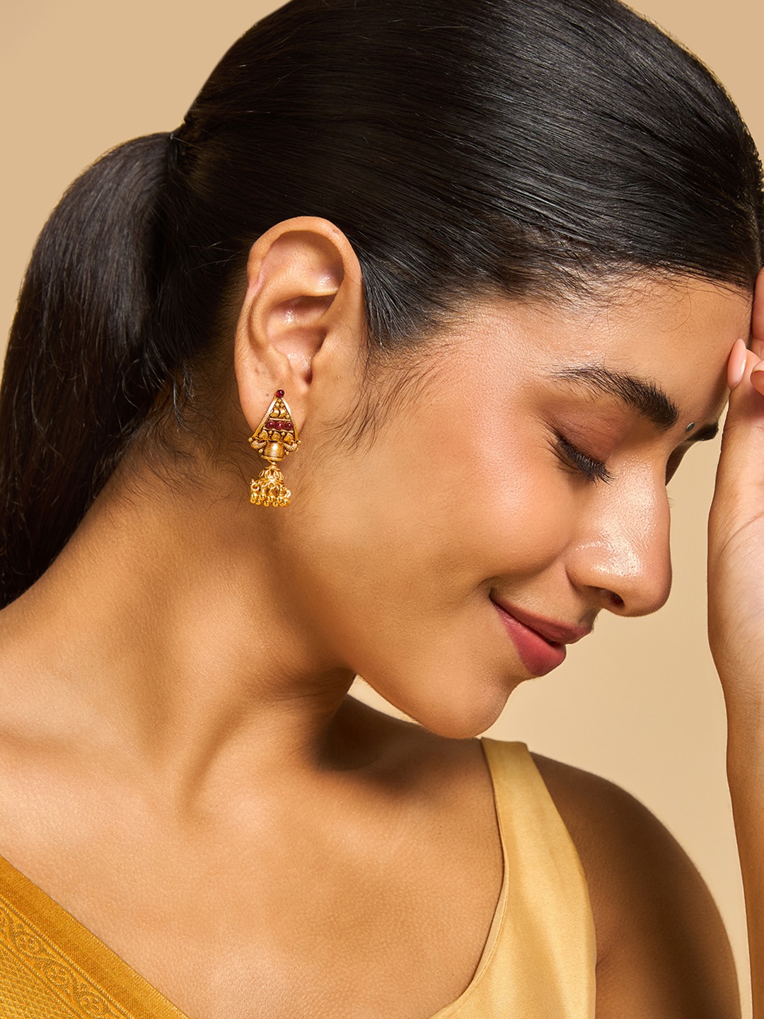 

Kushal's Fashion Jewellery 92.5 Pure Silver Stone Studded Dome Shaped Temple Jhumkas, Red