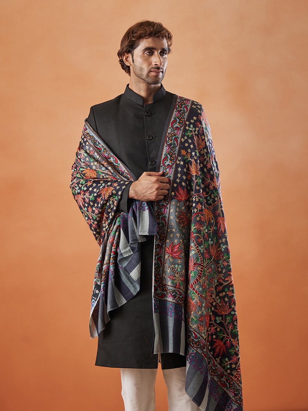 

Pashmoda Ethnic Motifs Embroidered Pure Wool Kalamkari Shawl, Grey