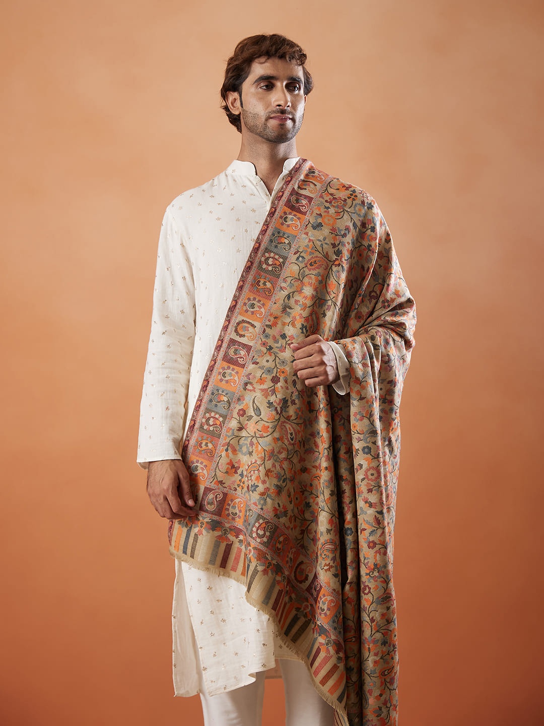 

Pashmoda Ethnic Motifs Woven Design Shawl, Beige