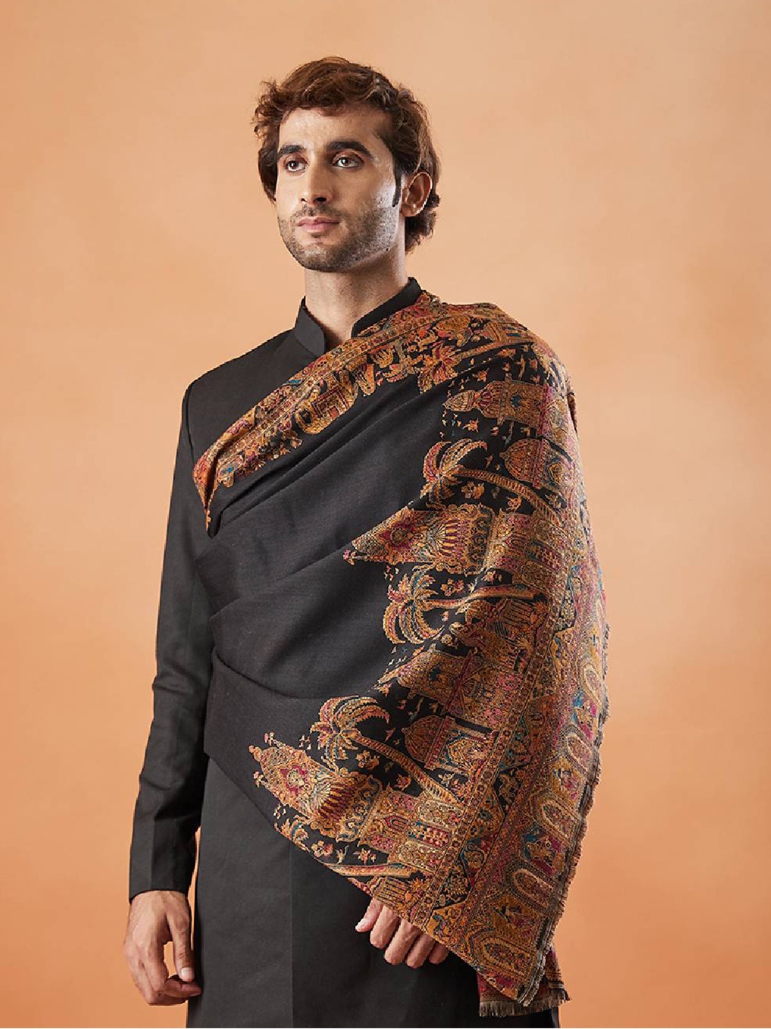 

Pashmoda Rajwada Woven Design Shawl, Black