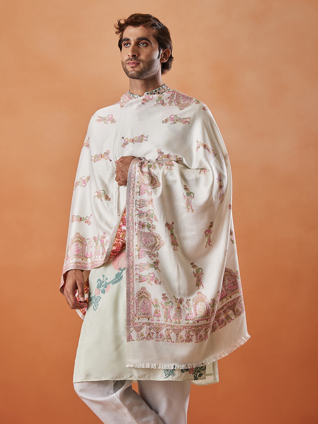 

Pashmoda Ethnic Motifs Woven Design Fringed Shawl, White