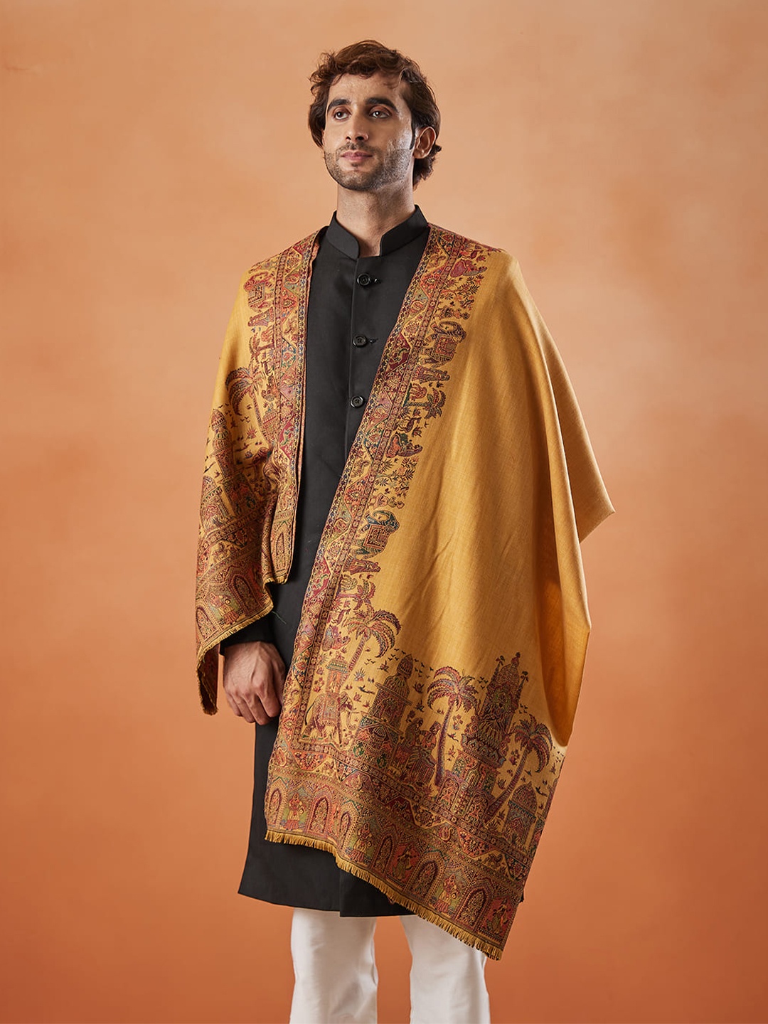 

Pashmoda Rajwada Ethnic Motifs Woven Design Shawl, Mustard