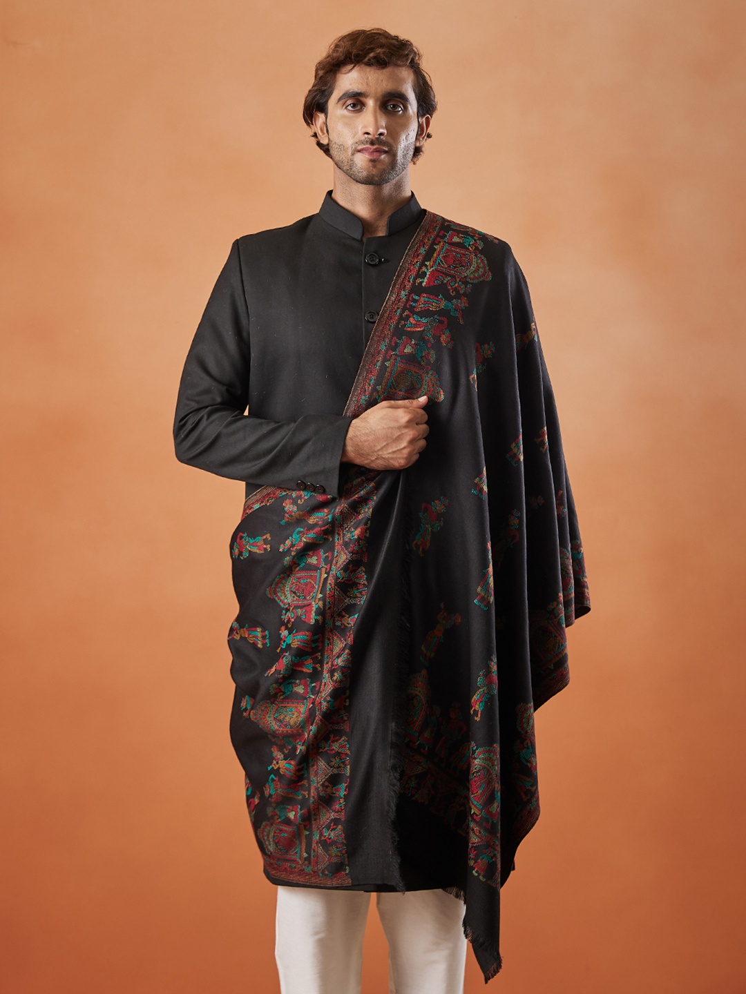 

Pashmoda Ethnic Motifs Woven Design Fringed Shawl, Black