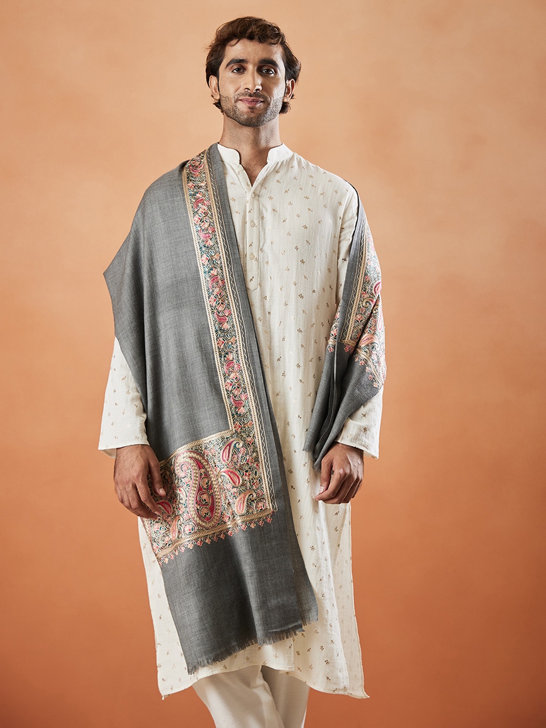 

Pashmoda Ethnic Motifs Woven Design Pure Wool Shawl, Grey