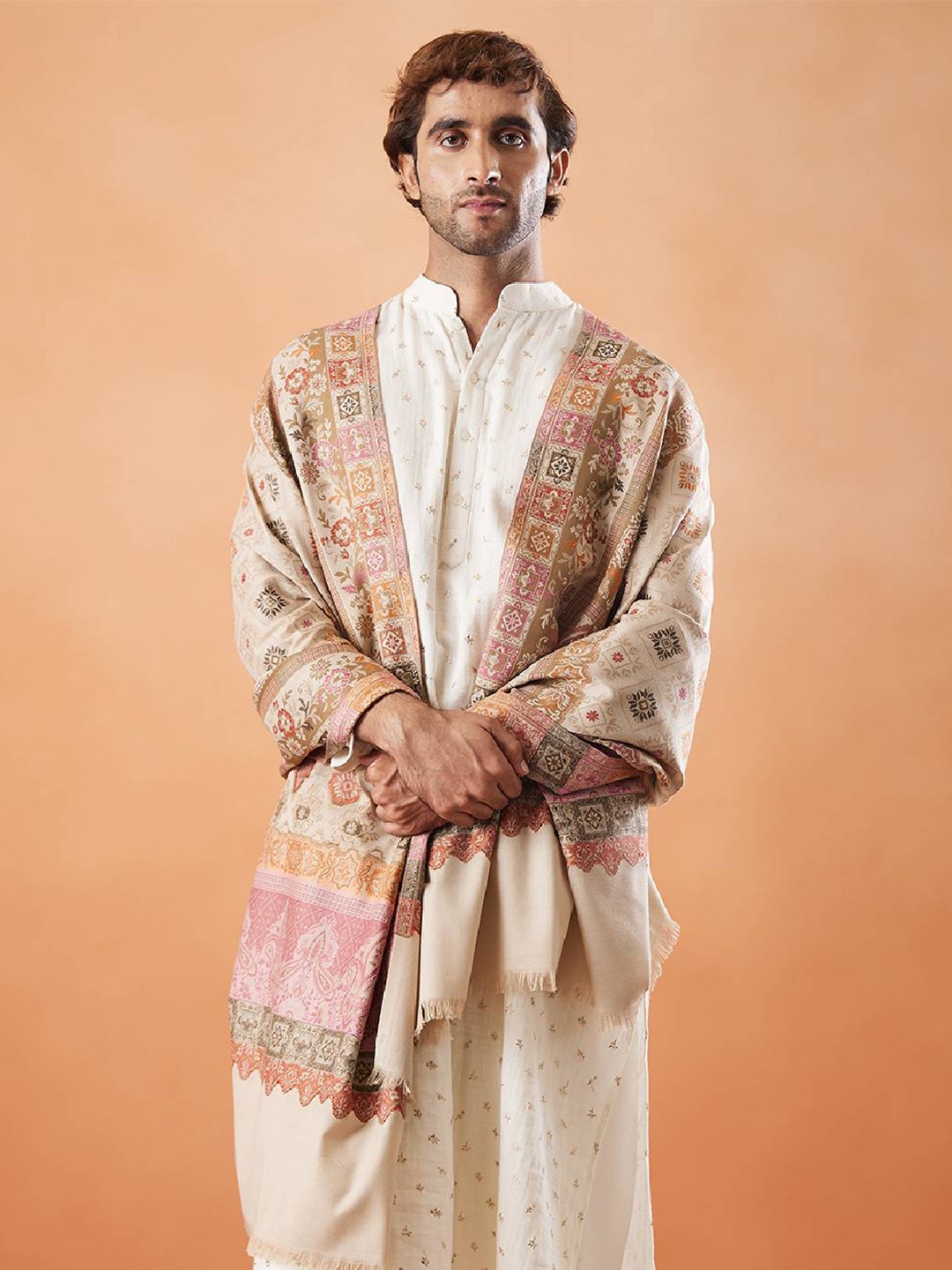 

Pashmoda Ethnic Motifs Woven Design Fringed Shawl, Beige