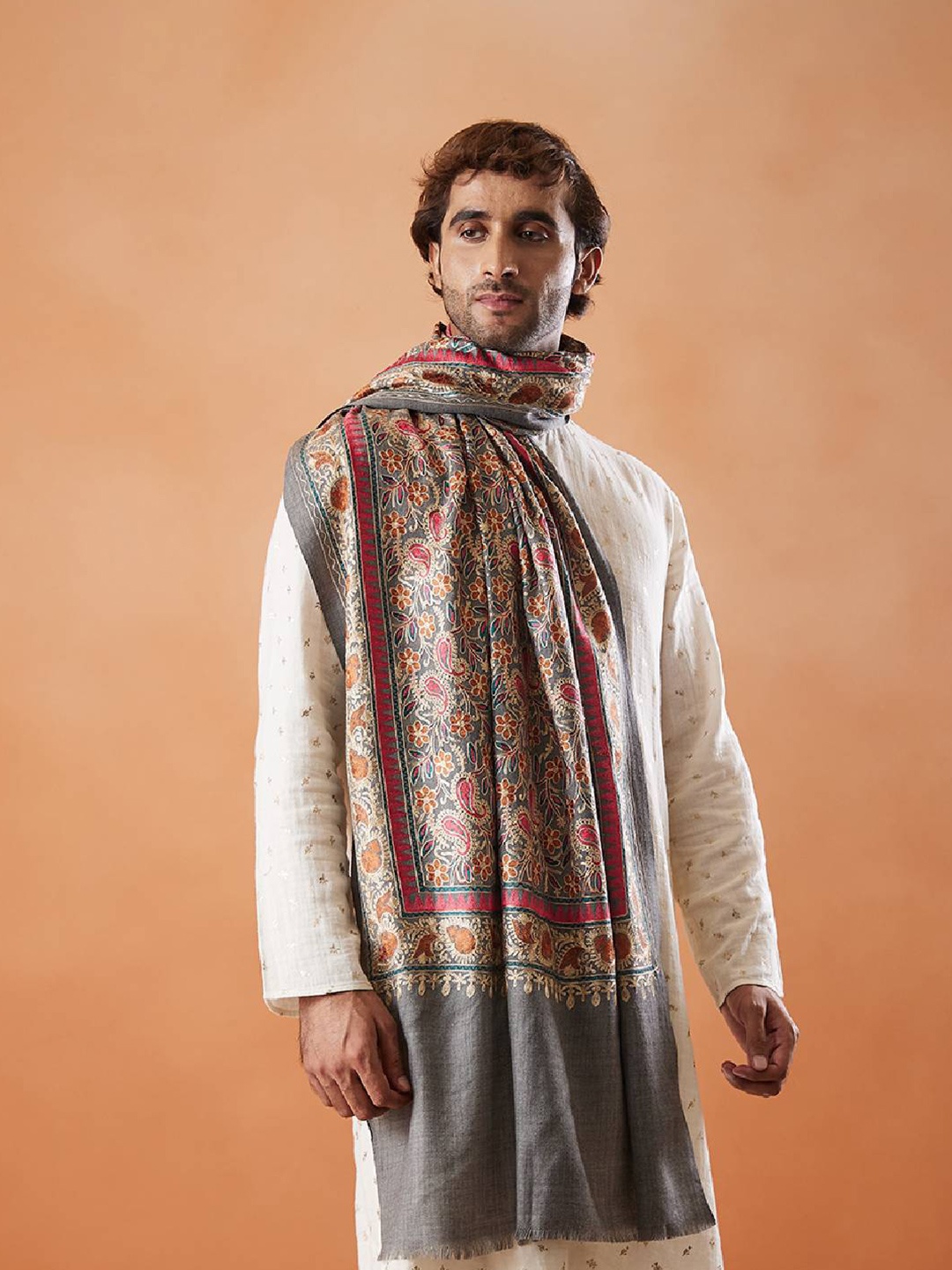 

Pashmoda Ethnic Motifs Woven Design Woollen Fringed Shawl, Grey