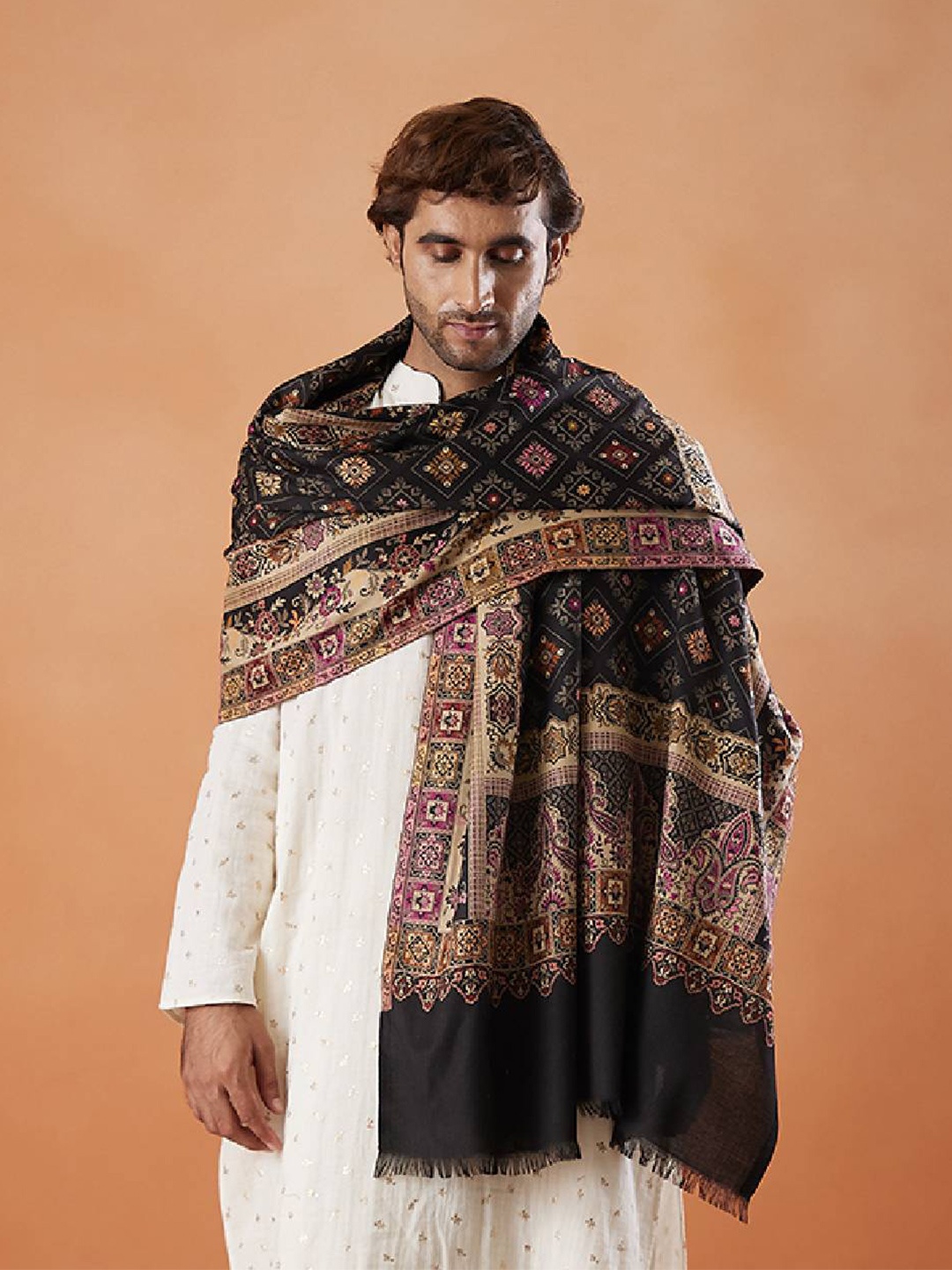 

Pashmoda Ethnic Motifs Woven Design Fringed Shawl, Black