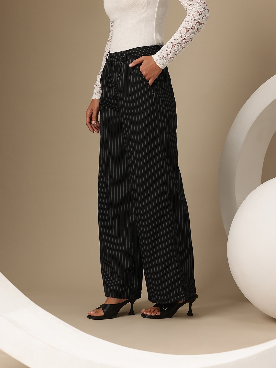 

Chemistry Women Vertically Striped Flared Fit Pure Cotton Pleated Detail Parallel Trousers, Black