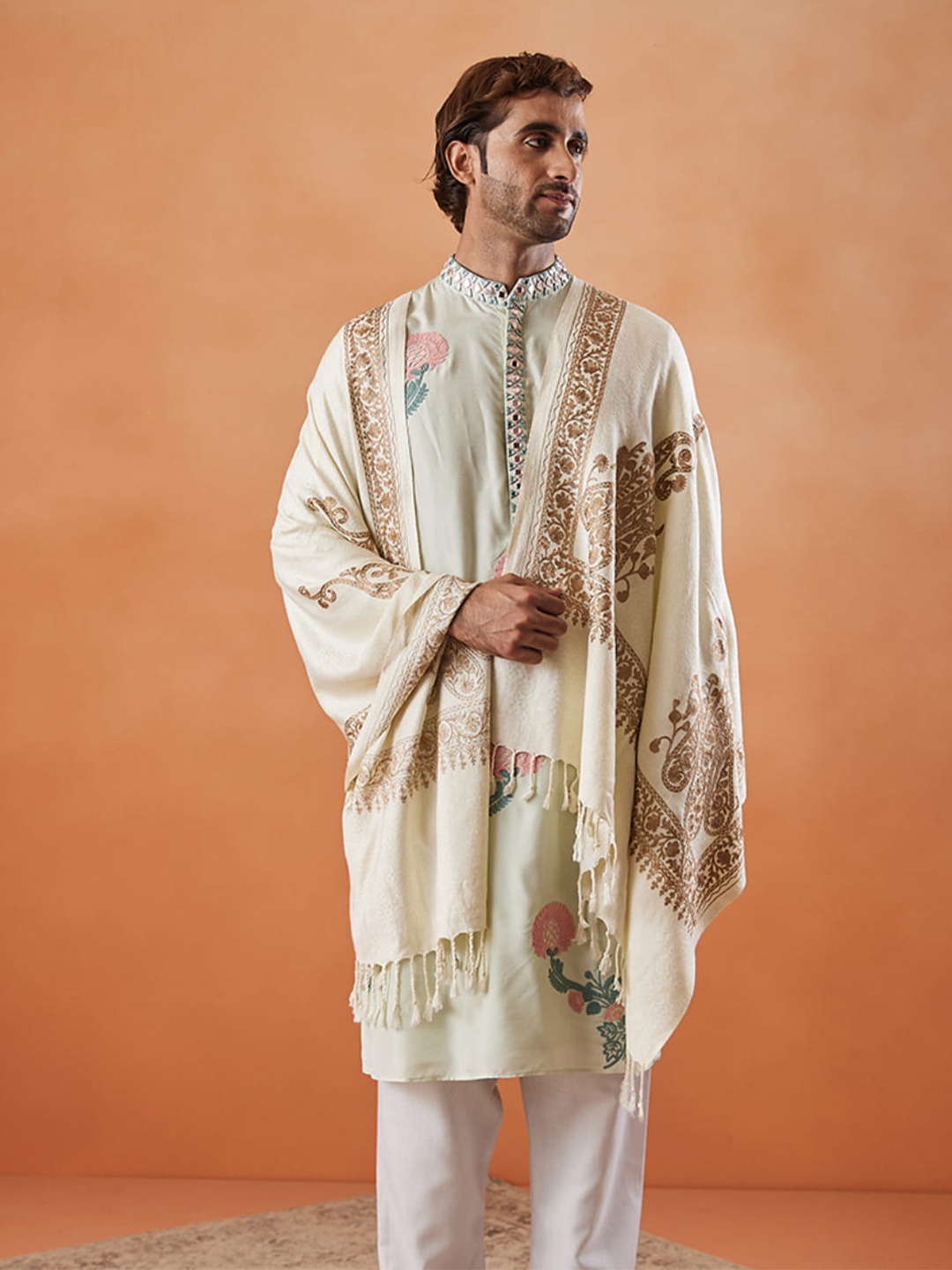 

Pashmoda Nargis Ethnic Motifs Embroidered Shawl, White