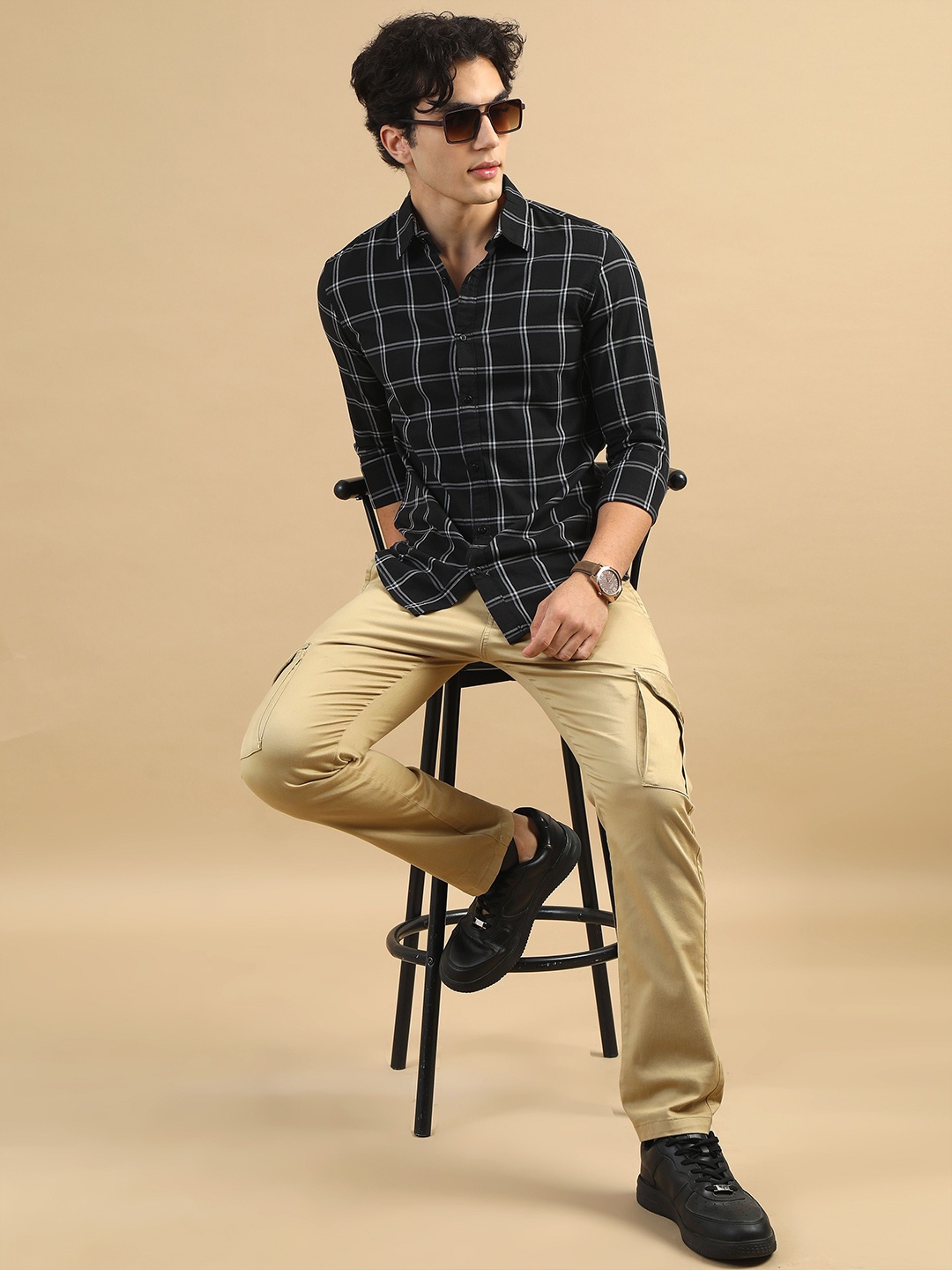 

Bushirt Men Classic Windowpane Checked Cotton Shirt, Black