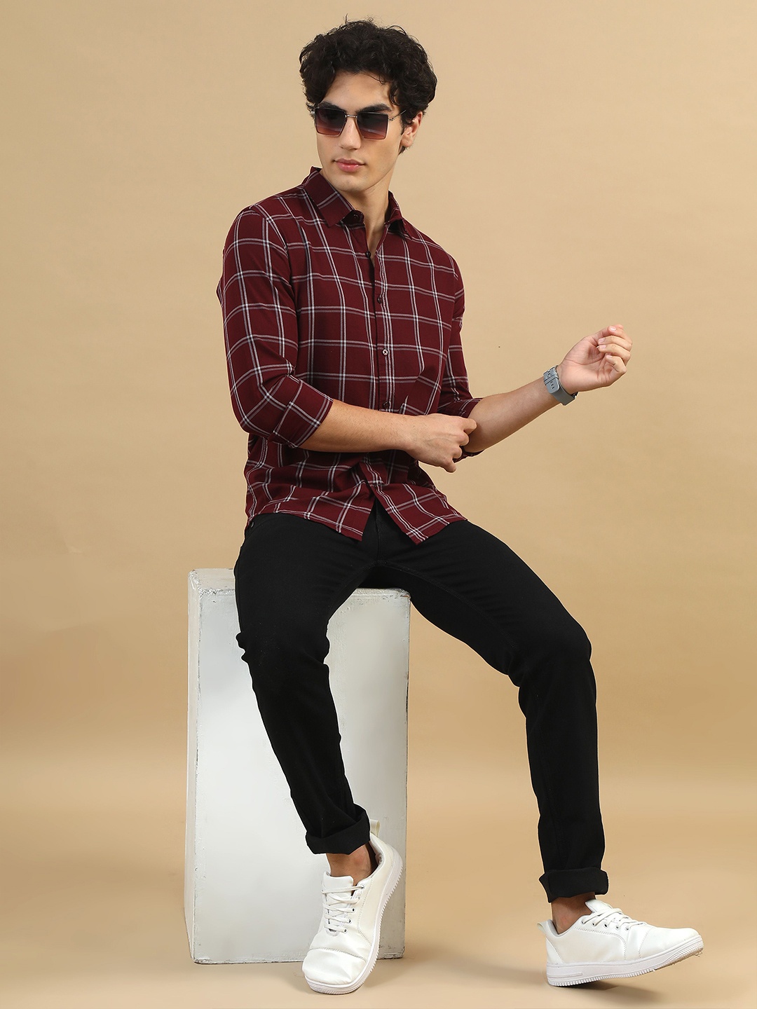 

Bushirt Men Checked Classic Opaque Casual Shirt, Burgundy