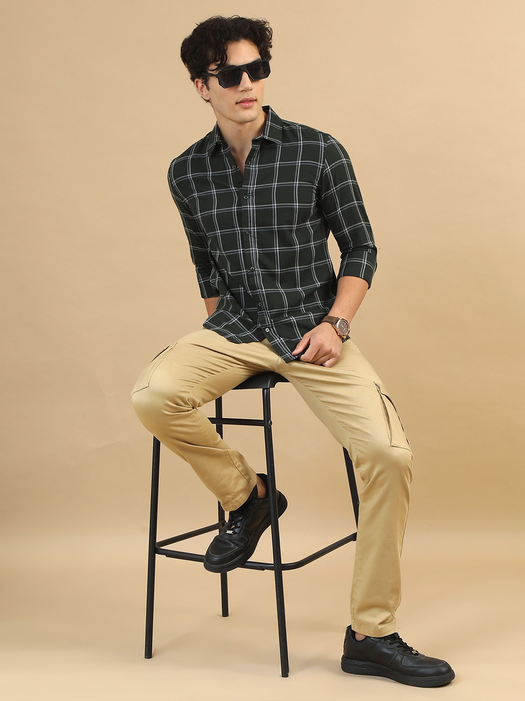 

Bushirt Men Classic Slim Collar Checked Cotton Casual Shirt, Green