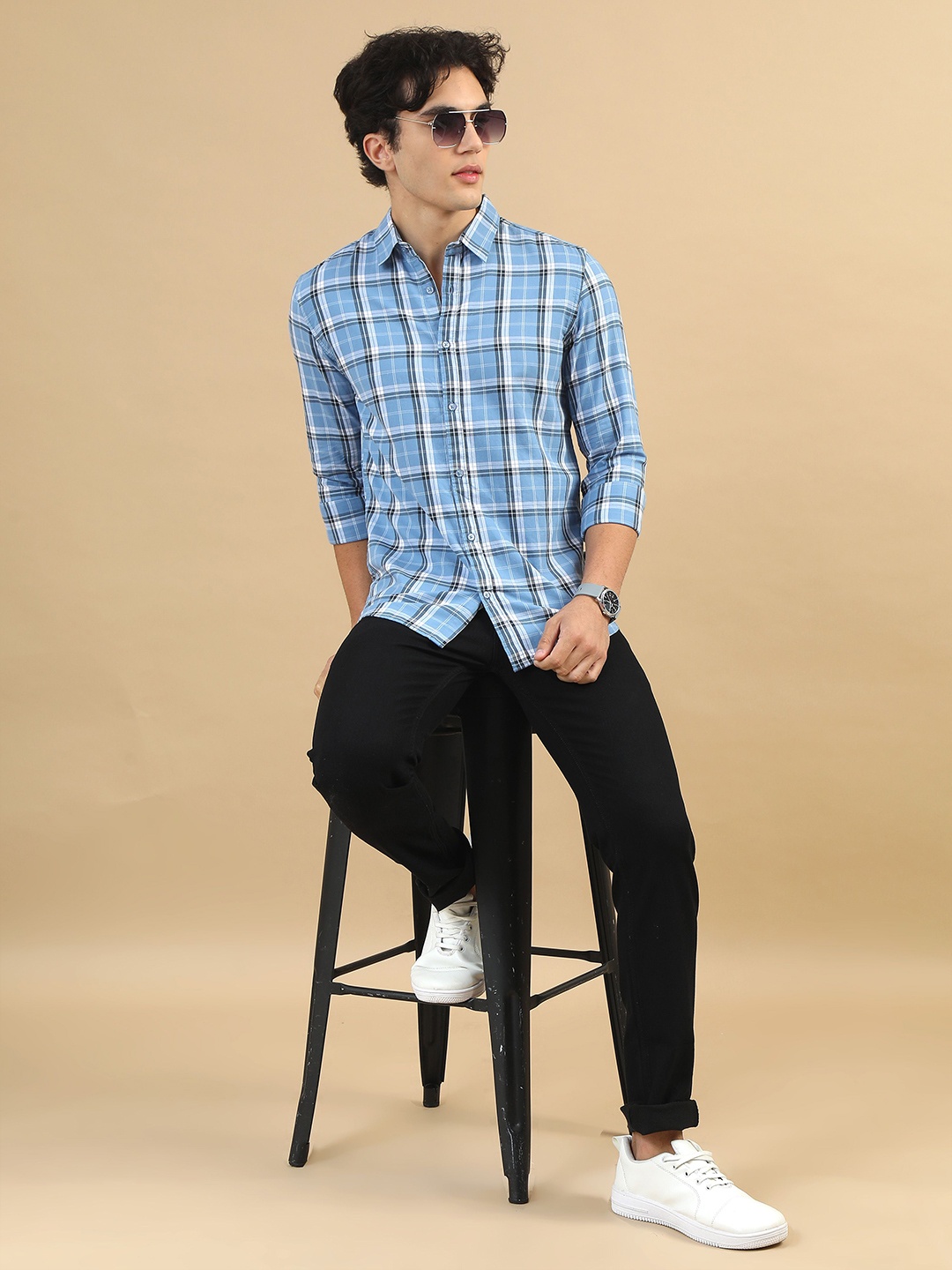 Bushirt Men Classic Slim Collar Checked Cotton Casual Shirt, Blue