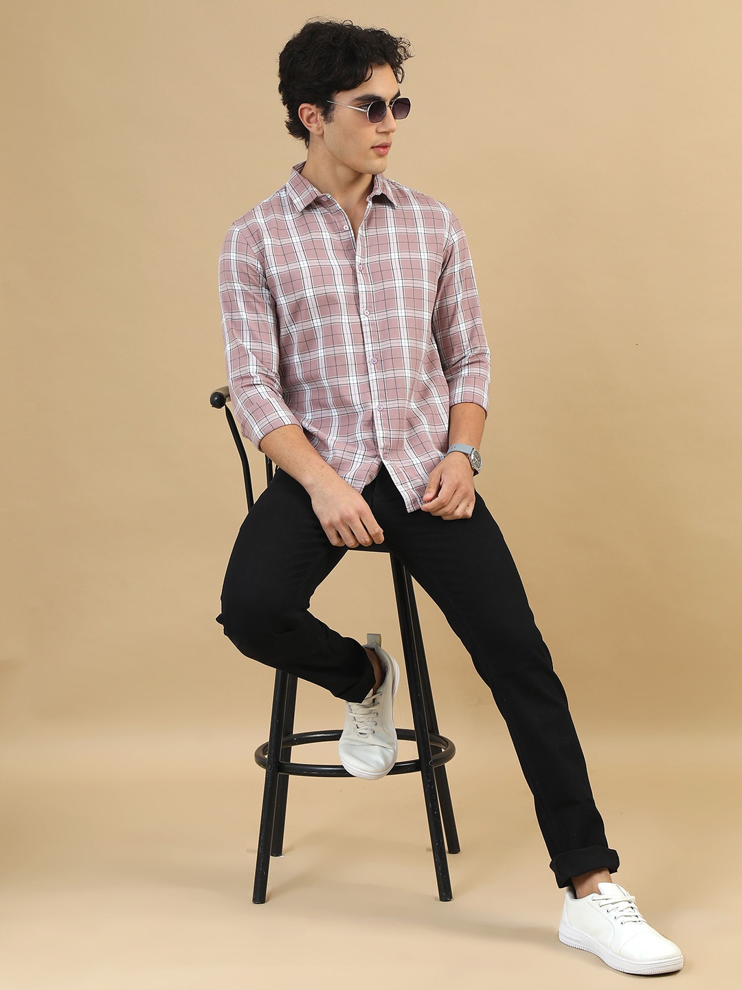 Bushirt Men Classic Opaque Casual Checks Shirt, Taupe
