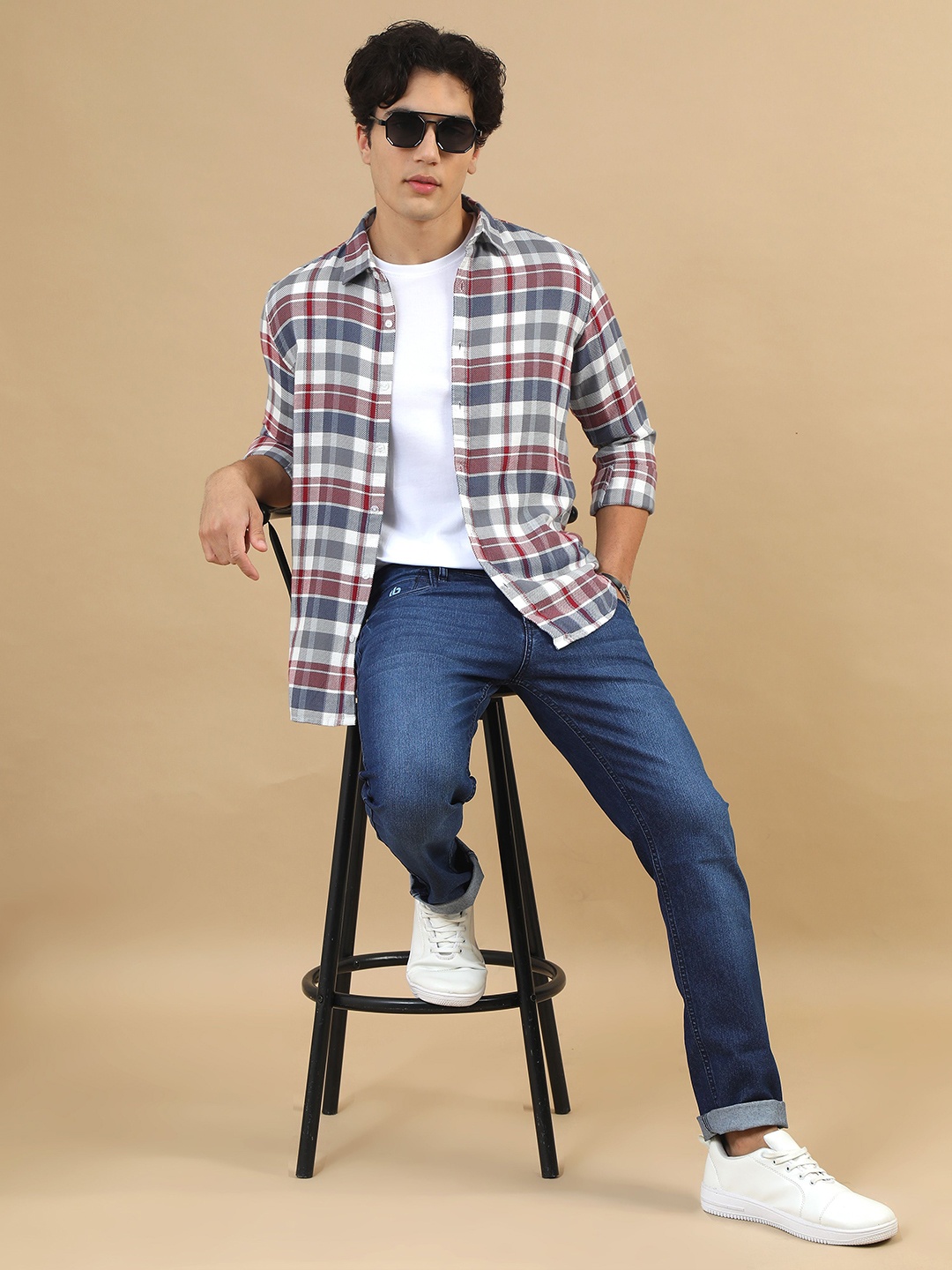 

Bushirt Men Classic Slim Collar Checked Cotton Casual Shirt, Red