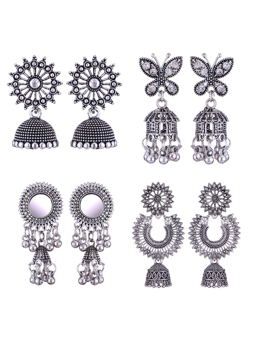 

DIVASTRI Set of 4 Silver Plated Dome Shaped Oxidised Jhumkas