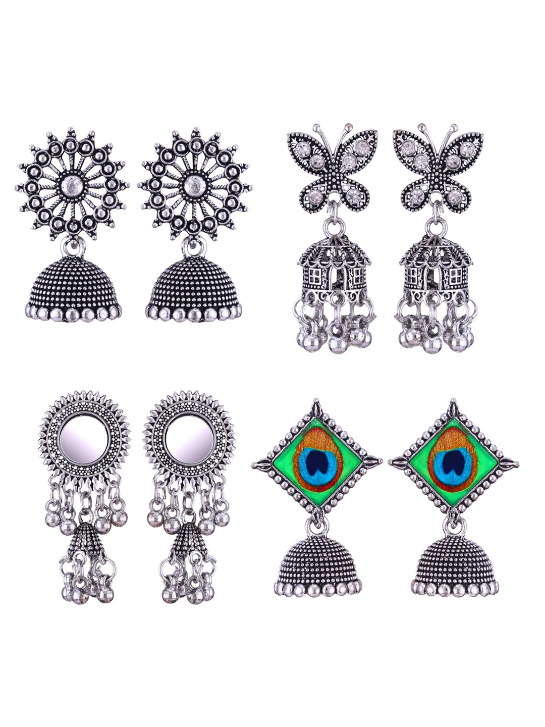 

DIVASTRI Set Of 4 Silver Plated Contemporary Oxidised Jhumkas