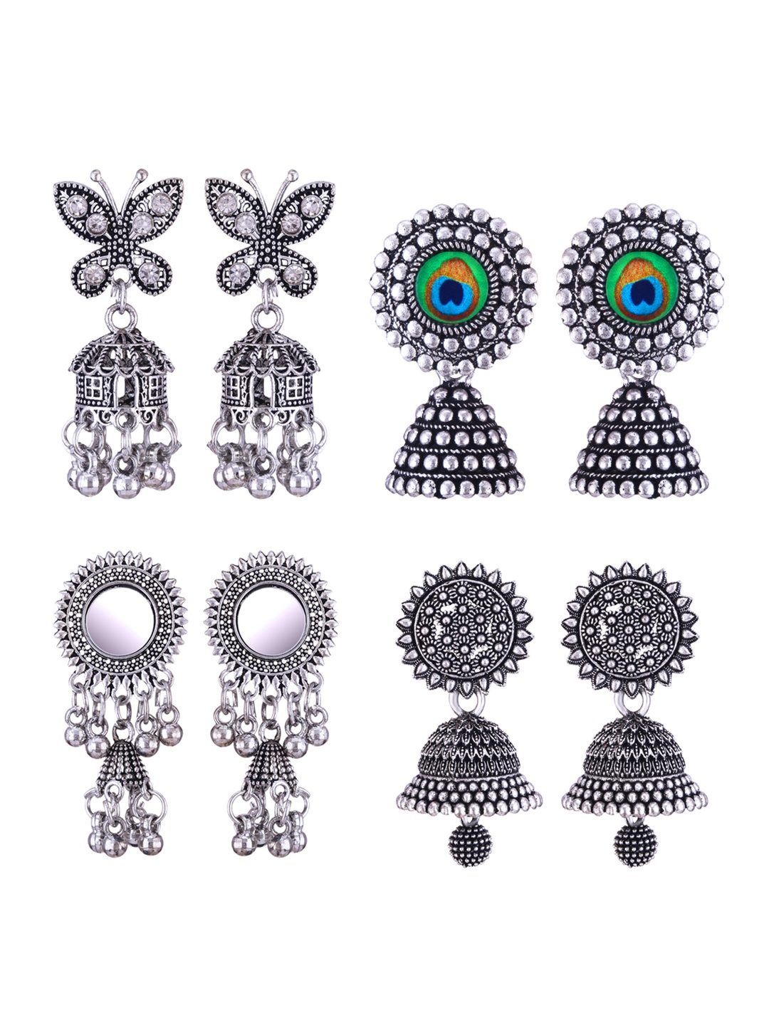 

DIVASTRI Set Of 4 Silver-Plated Peacock Shaped Oxidised Jhumkas