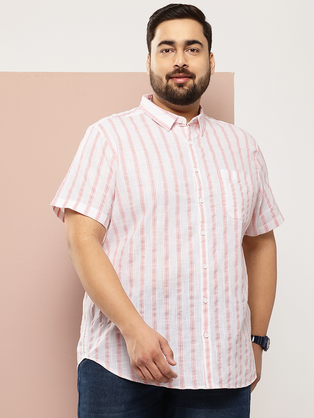 

Sztori Men Plus Size Vertical Striped Casual Shirt, White