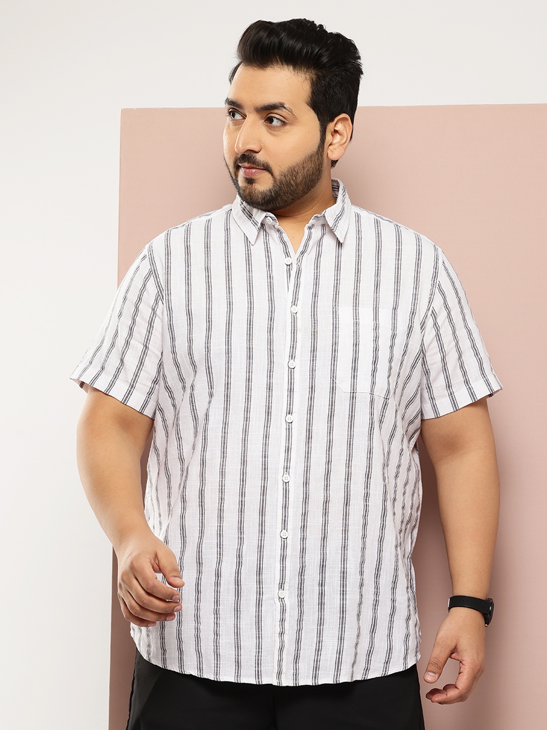 

Sztori Men Plus Size Vertical Striped Casual Shirt, White